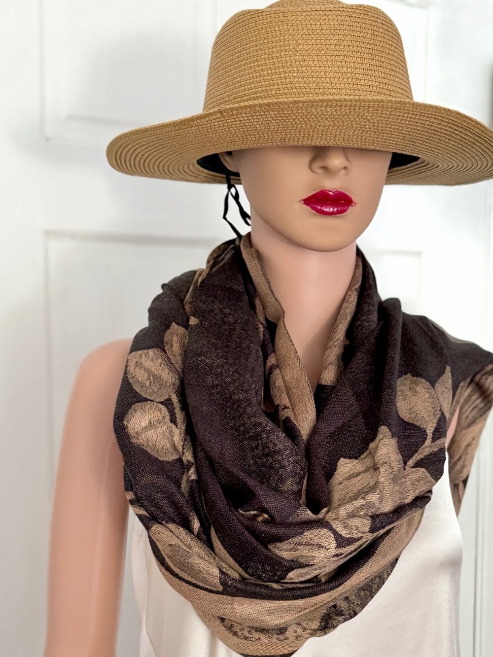 Elegant Brown Floral Pashmina Scarf Wrap – Oversized Rose Shawl, Camel Taupe Fri